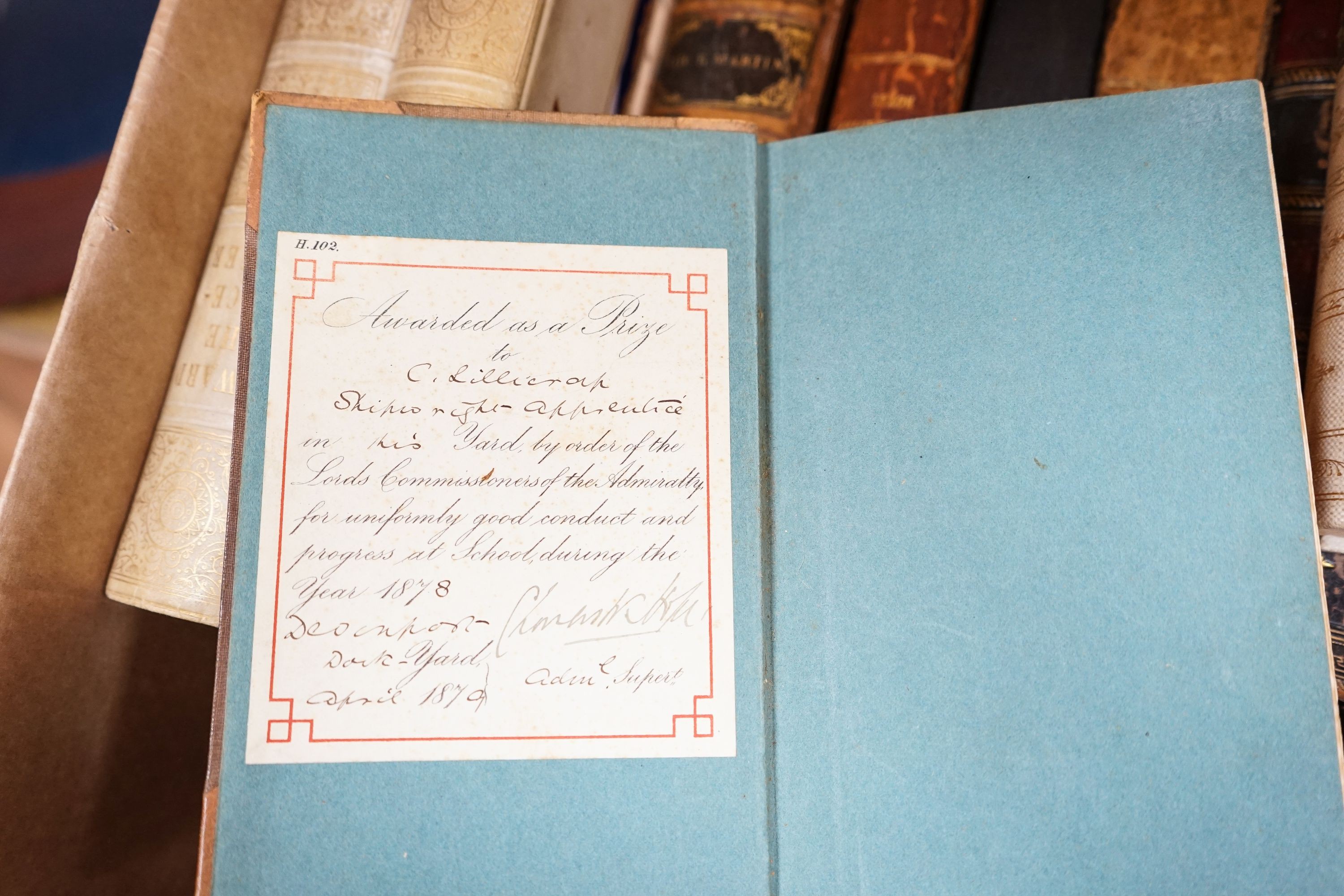 A collection of leather bound books, including The Truth of The Scripture 1796 to follow The Whole Duty of Man 1808 and Pompeii-Dyer 1875